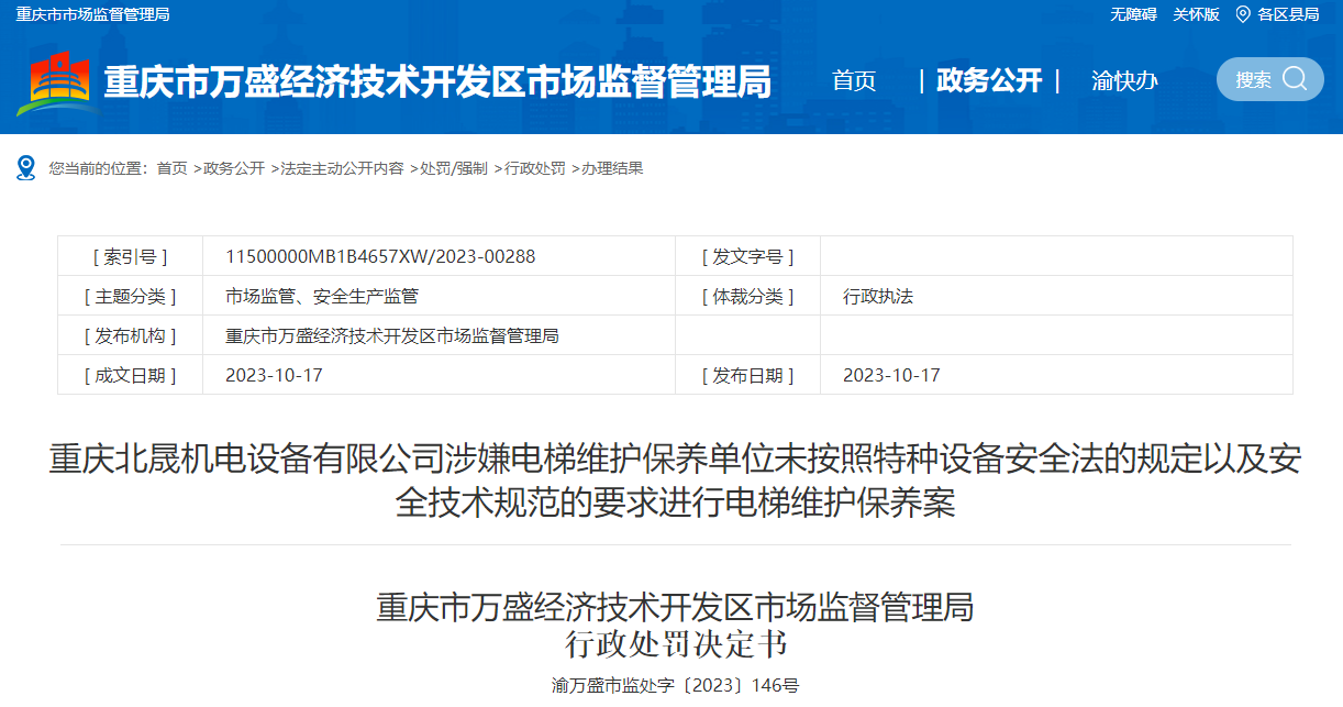 IM电竞违反特种设备安全法 重庆北晟机电设备有限公司被处罚(图1)