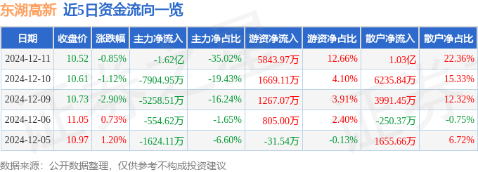 东湖高新（600133）12月11日主力资金净卖出162亿元(图1)